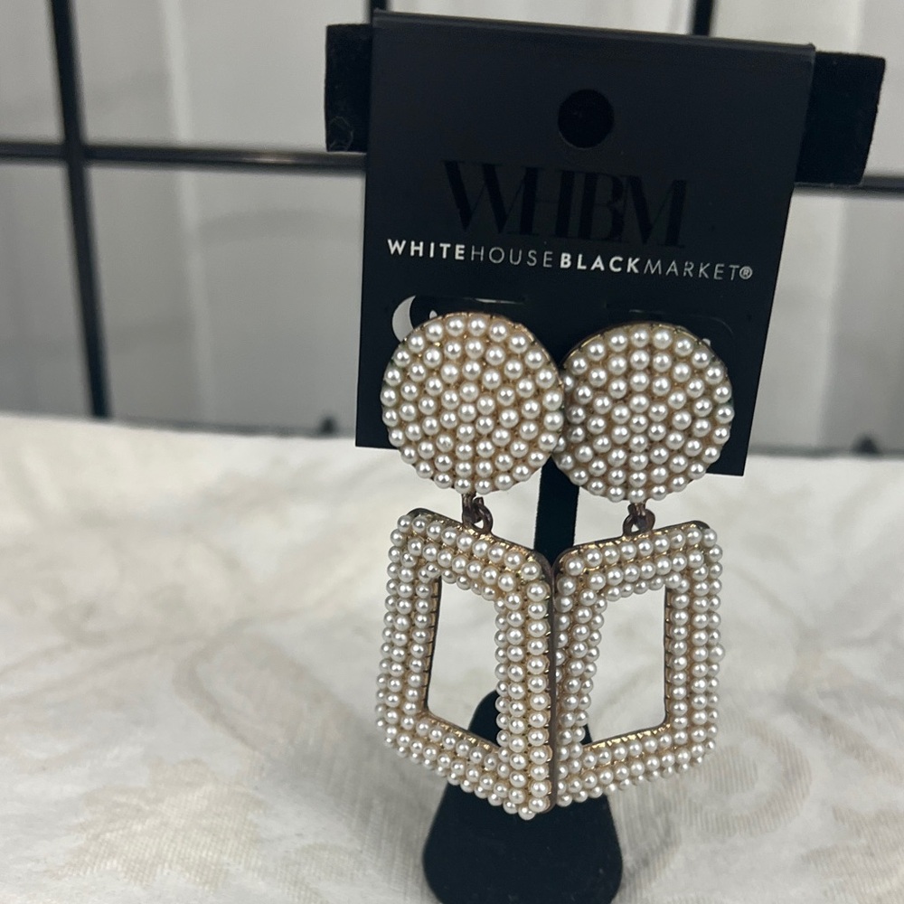 White House Black Market Pearl Beaded Geometric Drop Earrings - Cream